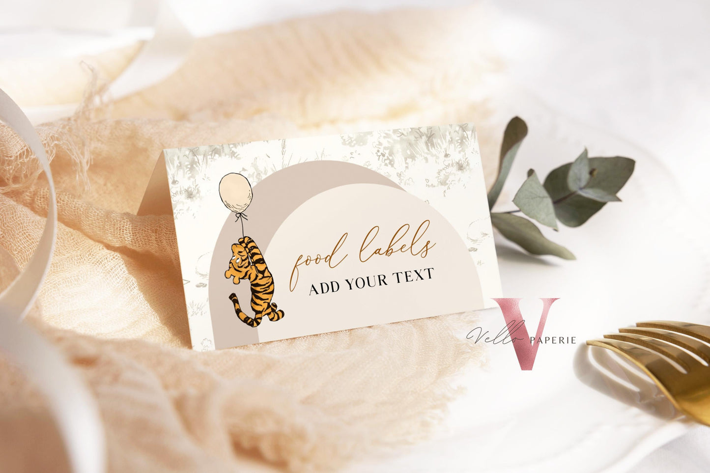 Winnie the Pooh Balloon Baby Shower or Birthday Food Label | Editable Printable Beige Toile de Juoy, Bearly Wait Party Favors, Decor WTP03