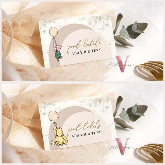 Winnie the Pooh Balloon Baby Shower or Birthday Food Label | Editable Printable Beige Toile de Juoy, Bearly Wait Party Favors, Decor WTP03