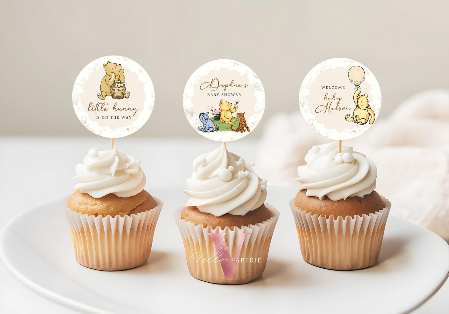 Editable Classic Winnie the Pooh Baby Shower or Birthday Cupcake Toppers | Printable Beige Toile de Juoy, Little Hunny Cake Decor WTP01