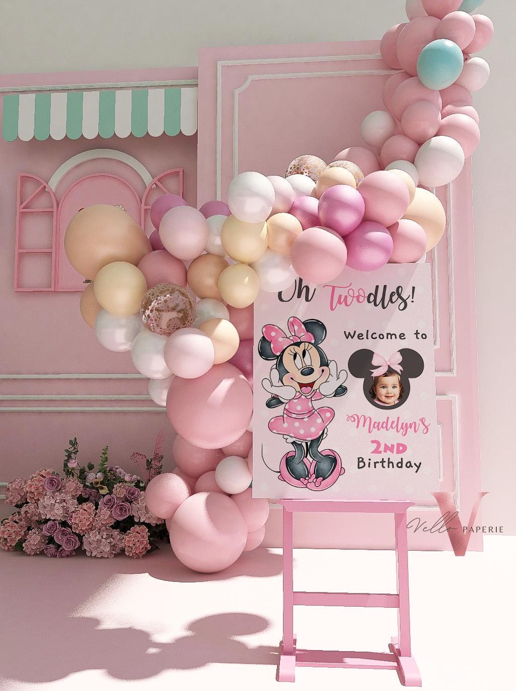 Editable Photo Minnie Mouse Oh TWOdles Welcome Sign | Light Pink Polkadot Minnie Party Decor Sign | 2nd Minnie Pink Birthday Sign  MMB01