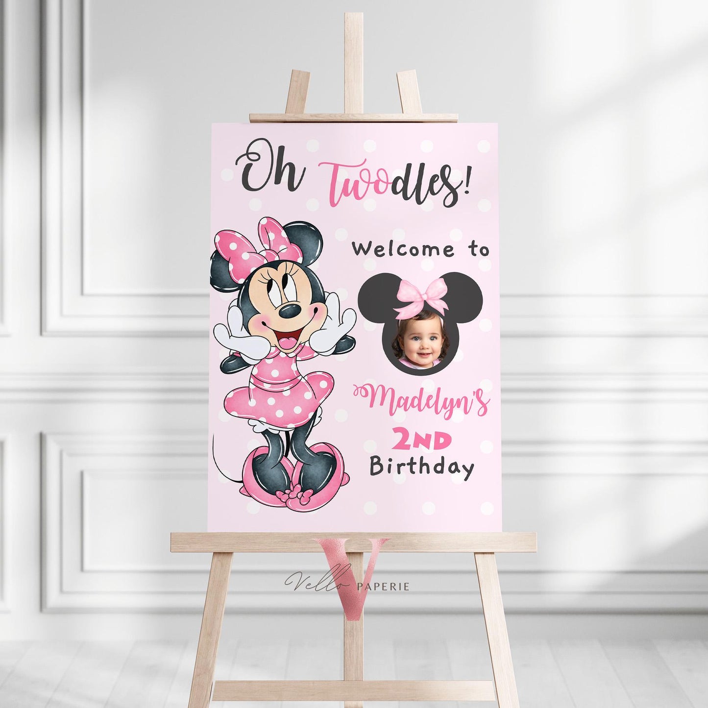 Editable Photo Minnie Mouse Oh TWOdles Welcome Sign | Light Pink Polkadot Minnie Party Decor Sign | 2nd Minnie Pink Birthday Sign  MMB01