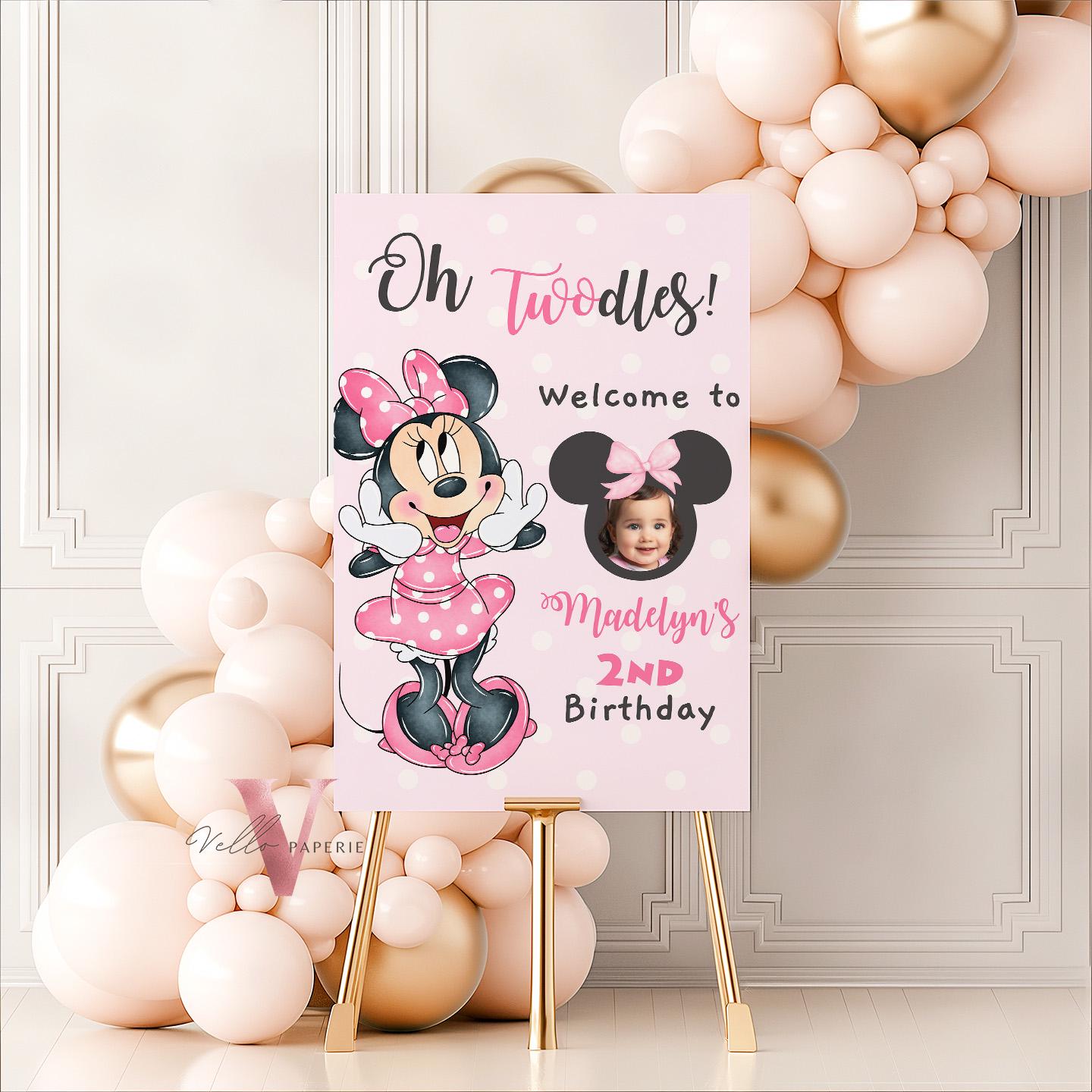 Editable Photo Minnie Mouse Oh TWOdles Welcome Sign | Light Pink Polkadot Minnie Party Decor Sign | 2nd Minnie Pink Birthday Sign  MMB01