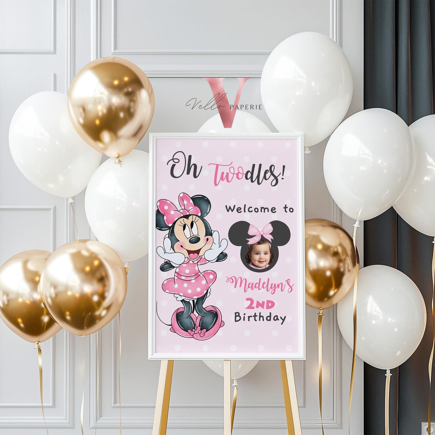 Editable Photo Minnie Mouse Oh TWOdles Welcome Sign | Light Pink Polkadot Minnie Party Decor Sign | 2nd Minnie Pink Birthday Sign  MMB01