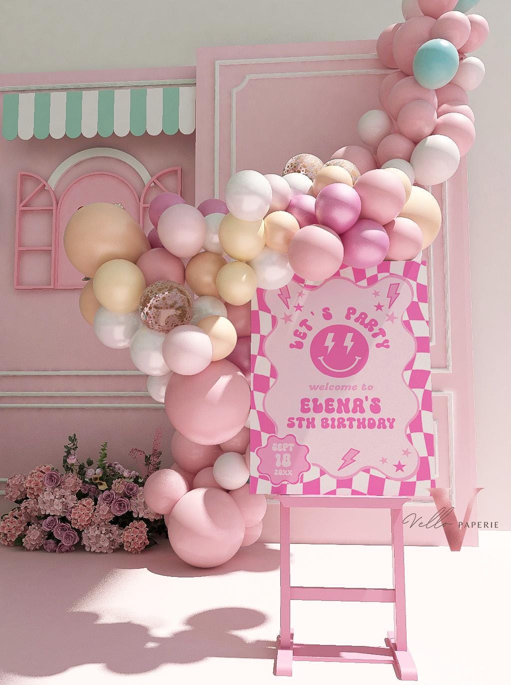 Pink Smile Face Groovy Birthday Welcome Sign | Editable Retro Happy Face Any Age Birthday Party Sign | Emoji Face Lighting Bolt Smile PSG01