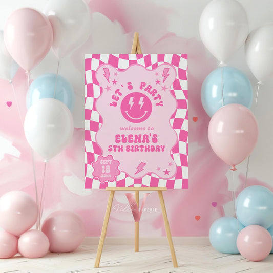 Pink Smile Face Groovy Birthday Welcome Sign | Editable Retro Happy Face Any Age Birthday Party Sign | Emoji Face Lighting Bolt Smile PSG01