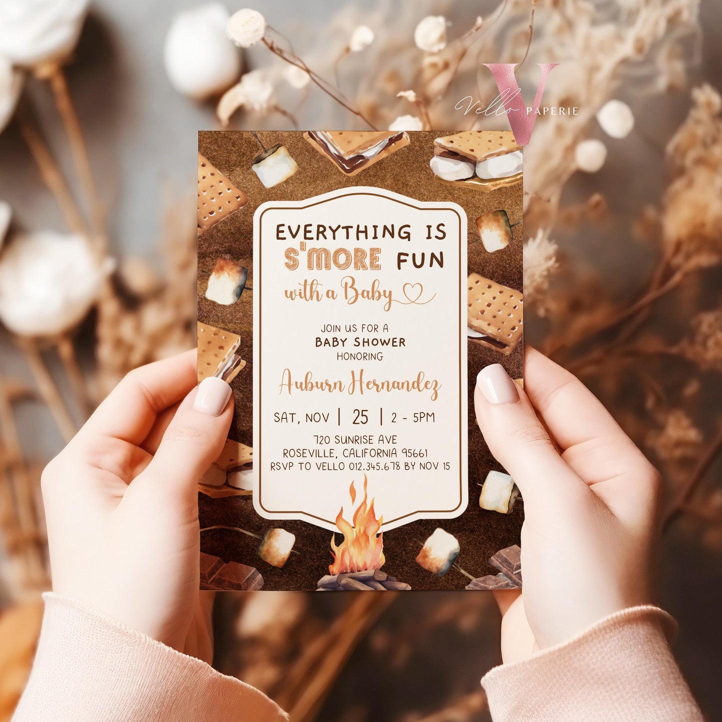 Editable S'mores Baby Shower Invitation | FALL Camping Bonfire Baby Shower | Campire Smore Fun with Baby Party | Autumn Couple Shower SBS01