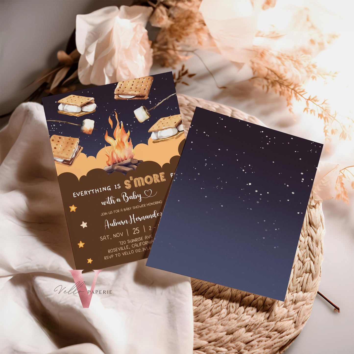 Editable S'mores Baby Shower Invitation | FALL Camping Bonfire Baby Shower | Campire Smore Fun with Baby Party | Autumn Couple Shower SBS01