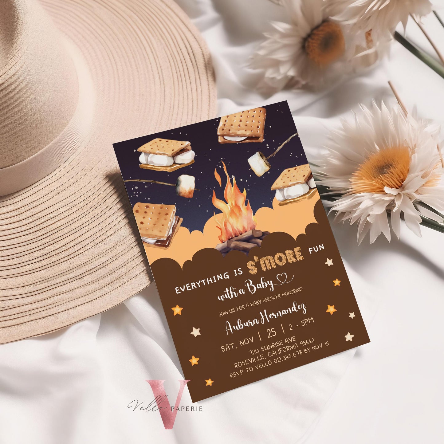 Editable S'mores Baby Shower Invitation | FALL Camping Bonfire Baby Shower | Campire Smore Fun with Baby Party | Autumn Couple Shower SBS01