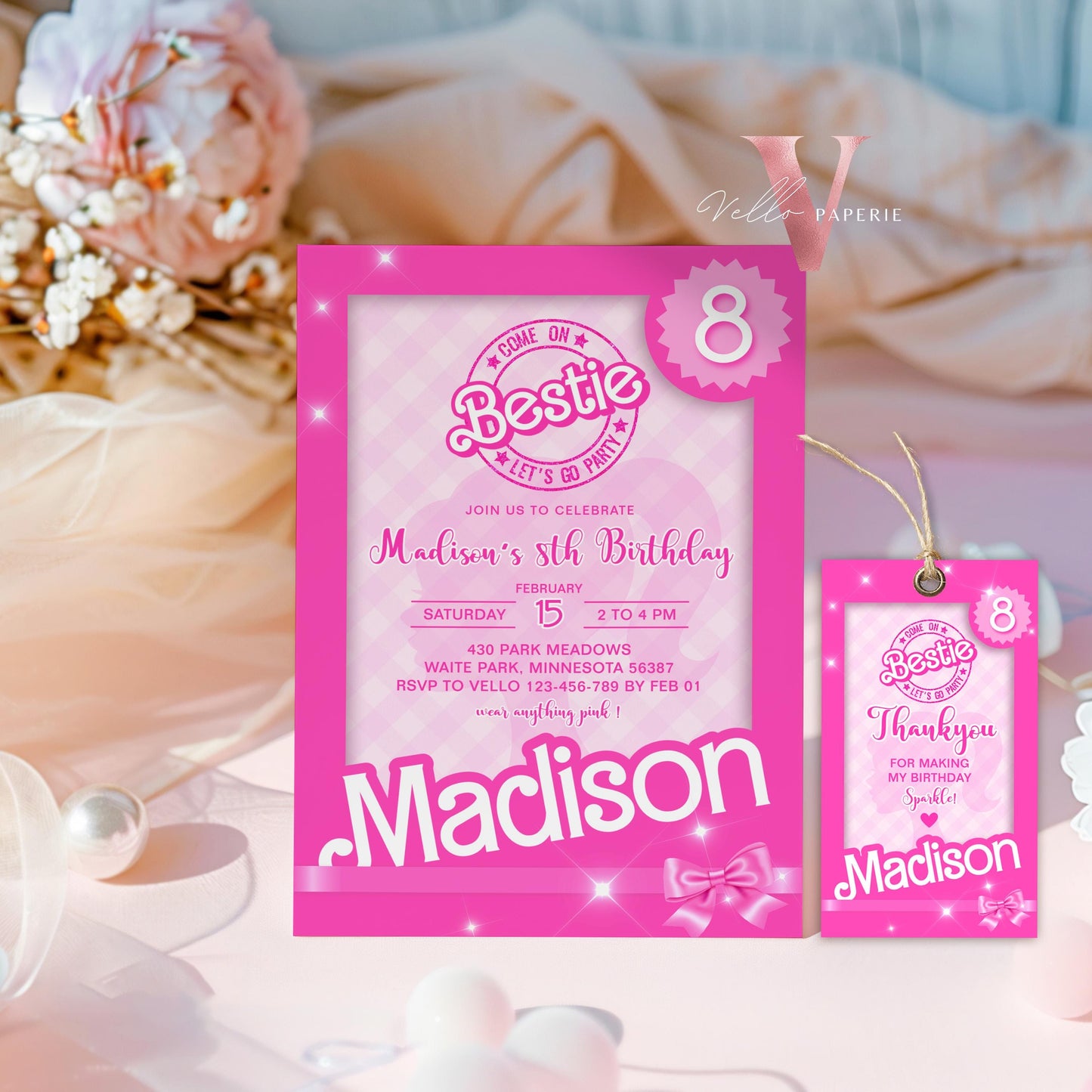 Editable "Bestie" Pink Sparkle Fashion Doll Box Birthday FAVOR TAG | Pink Fashion Doll Come On Lets Go Party Thankyou Tag, Party Favor PD29