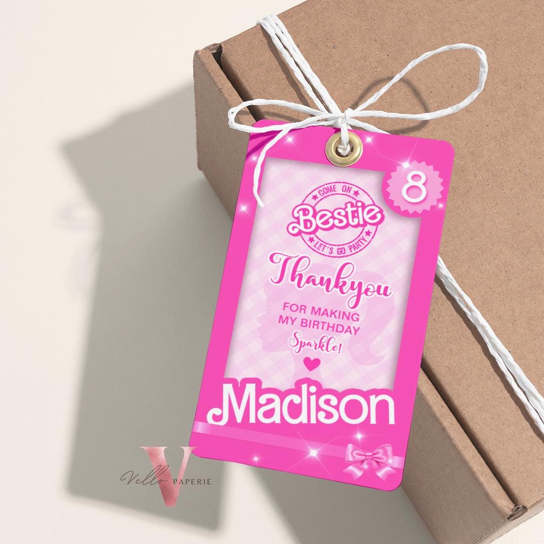 Editable "Bestie" Pink Sparkle Fashion Doll Box Birthday FAVOR TAG | Pink Fashion Doll Come On Lets Go Party Thankyou Tag, Party Favor PD29