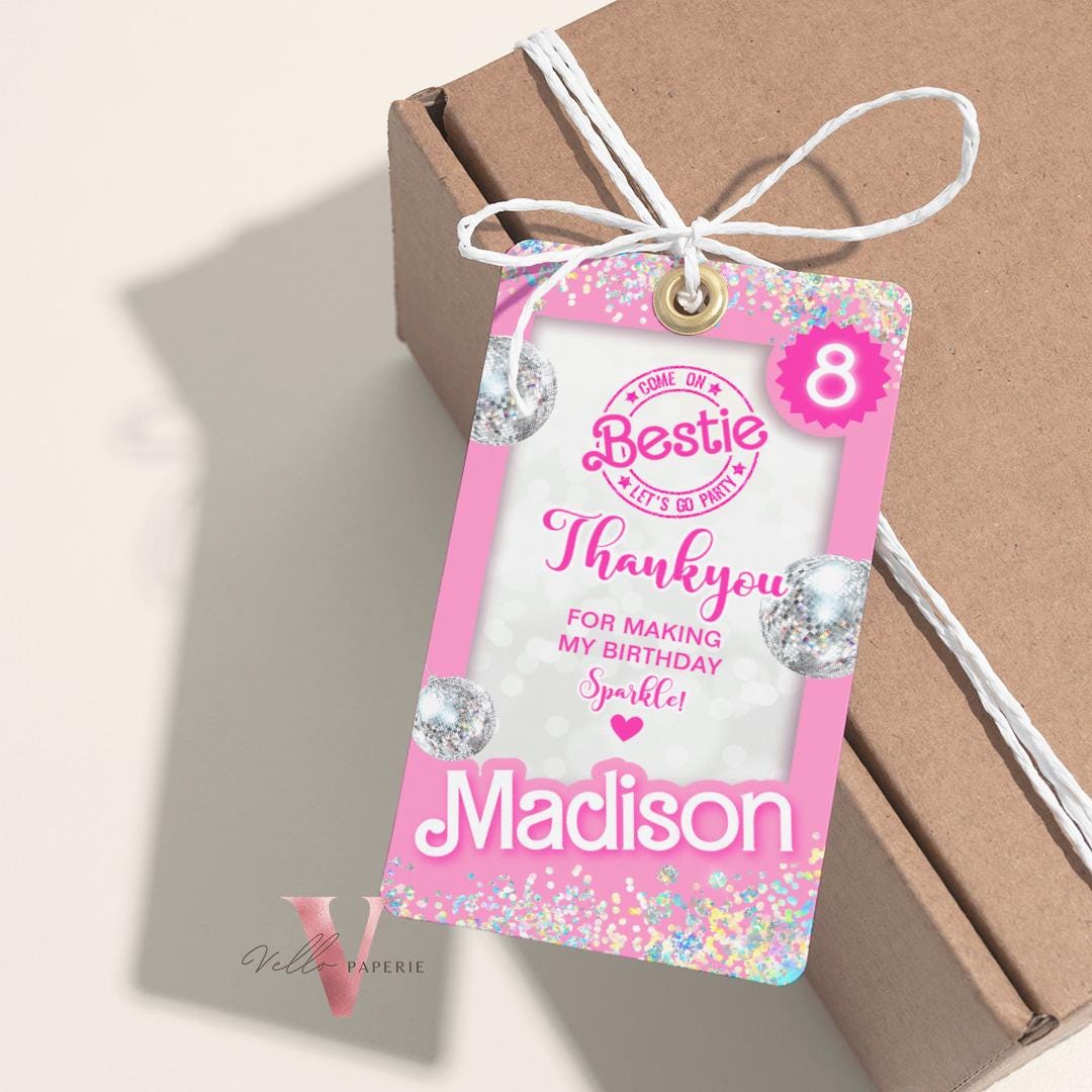 Editable "Bestie" Disco Pink Sparkle Fashion Doll Box Birthday FAVOR TAG | Pink Doll Come On Lets Go Party Thankyou Tag, Party Favor PD30