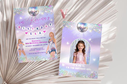 Swifti Par-Tay Birthday Party Invitation Photo | Purple Silver Sparkle Taylor Eras Music Party Invite | It's Me Hi, In My Birthday Era TSP01