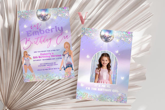 Swifti Par-Tay Birthday Party Invitation Photo | Purple Silver Sparkle Taylor Eras Music Party Invite | It's Me Hi, In My Birthday Era TSP01