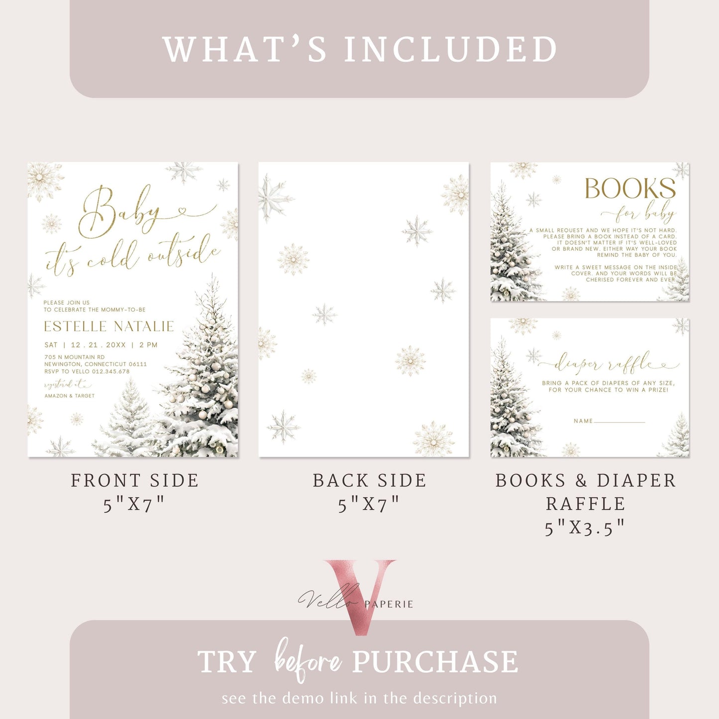 Neutral Baby It's Cold Outside Baby Shower Invitation | Winter Snowflakes Baby Shower Invite | Modern Silver Gold Christmas Tree Baby WBS01