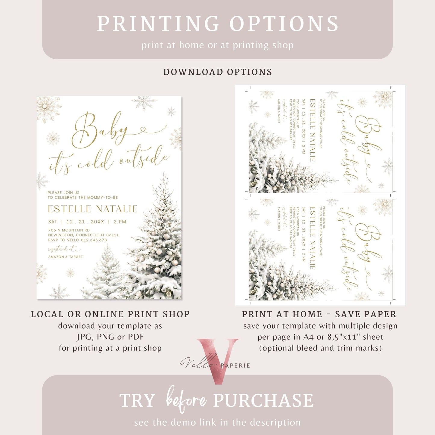 Neutral Baby It's Cold Outside Baby Shower Invitation | Winter Snowflakes Baby Shower Invite | Modern Silver Gold Christmas Tree Baby WBS01