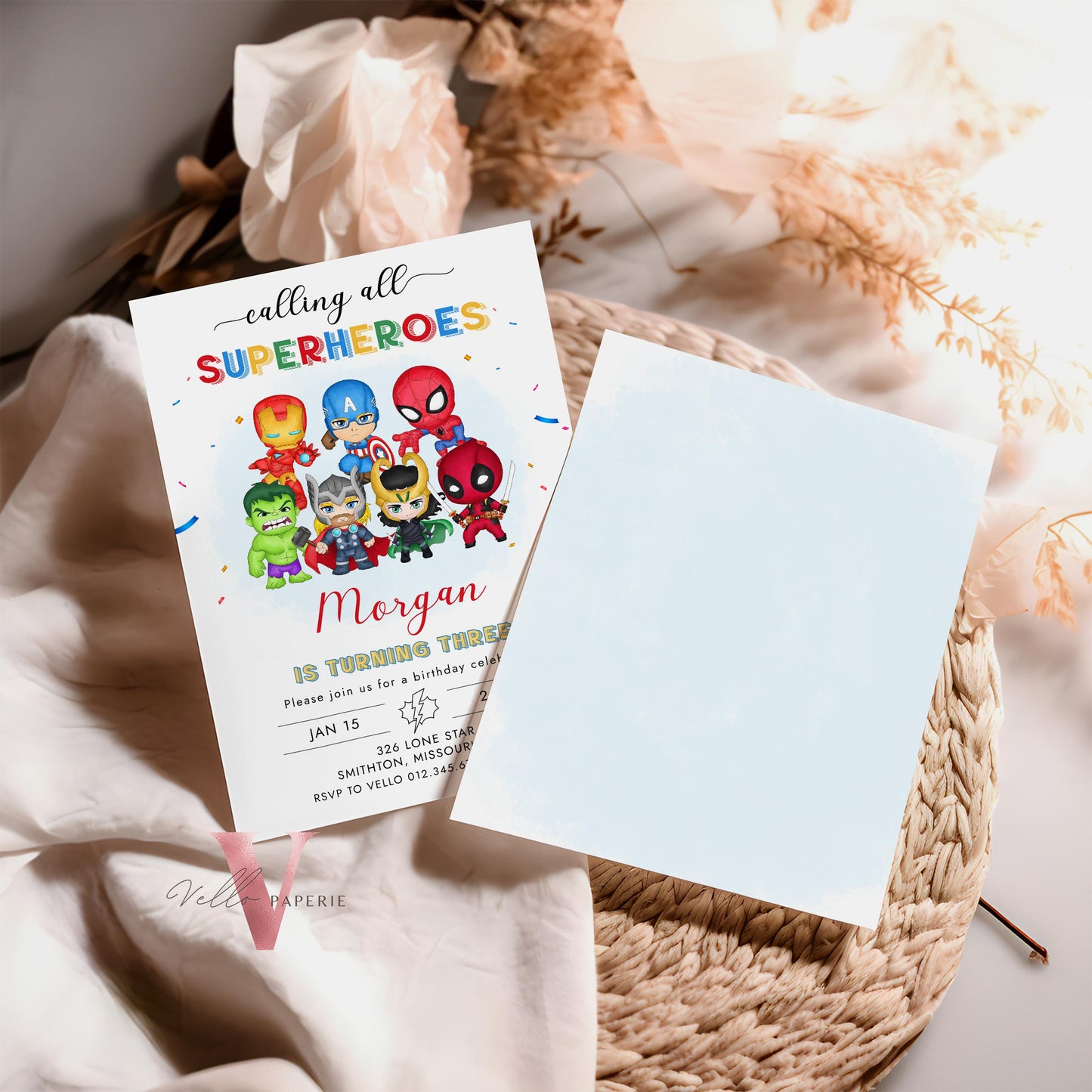 Calling All Superhero Birthday Invitation | Watercolor Avengers Kids Colorful Birthday Party Invite | Any Age Cute Chibi Superhero SHB01