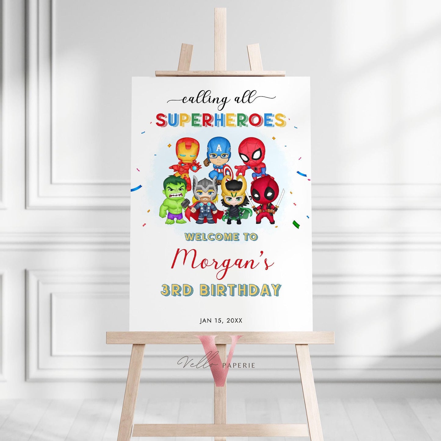 Calling All Superheroes PHOTO Birthday Invitation | Watercolor Avengers Kids Birthday Party Invite | Any Age Cute Chibi Superhero SHB01