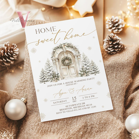 Winter House Warming Invitation | Beige Gold Home Sweet Home Party Invite | Modern or Rustic New House Celebration Christmas Decor WHW01