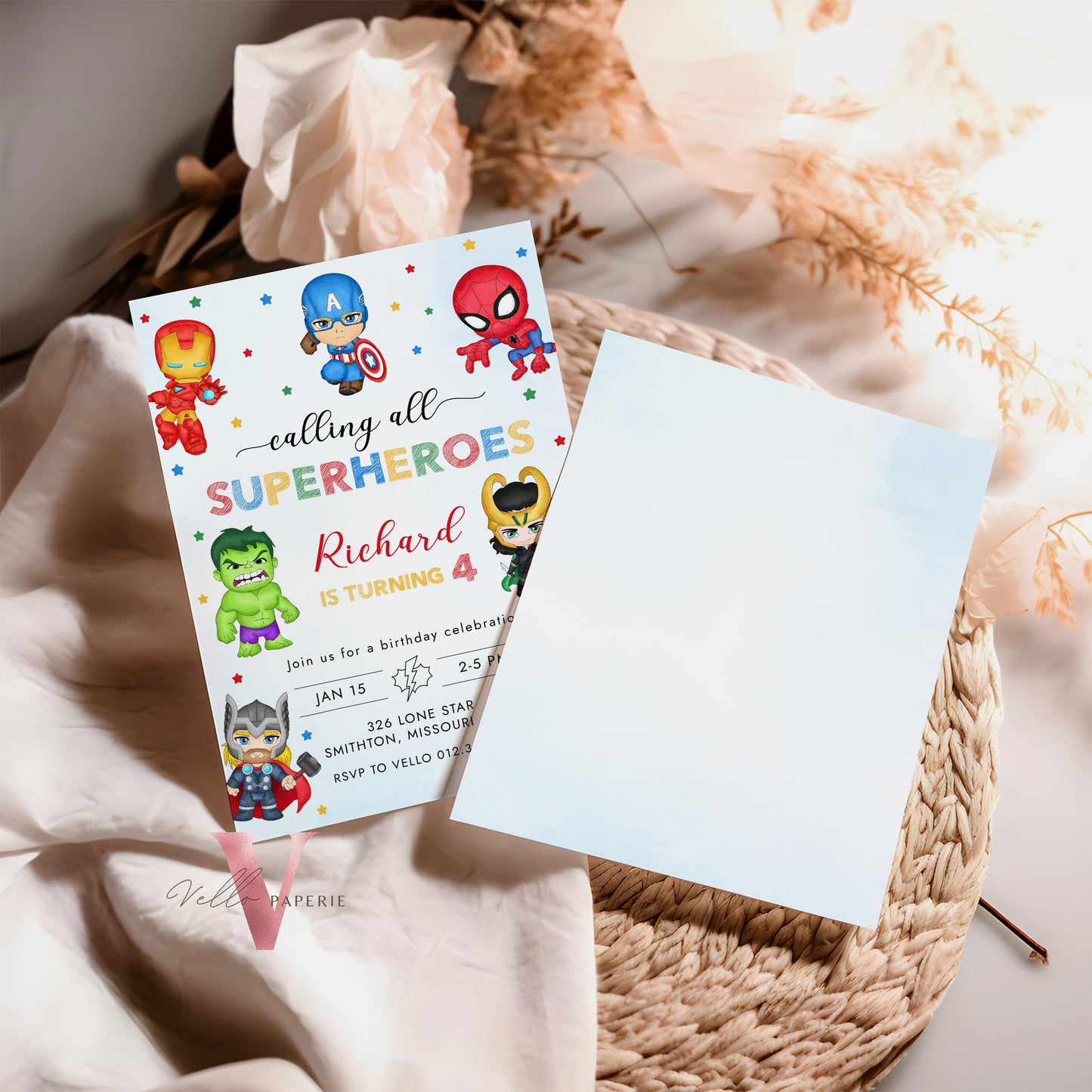 Calling All Superhero Birthday Invitation | Watercolor Avengers Kids Colorful Birthday Party Invite | Any Age Cute Chibi Superhero SHB01