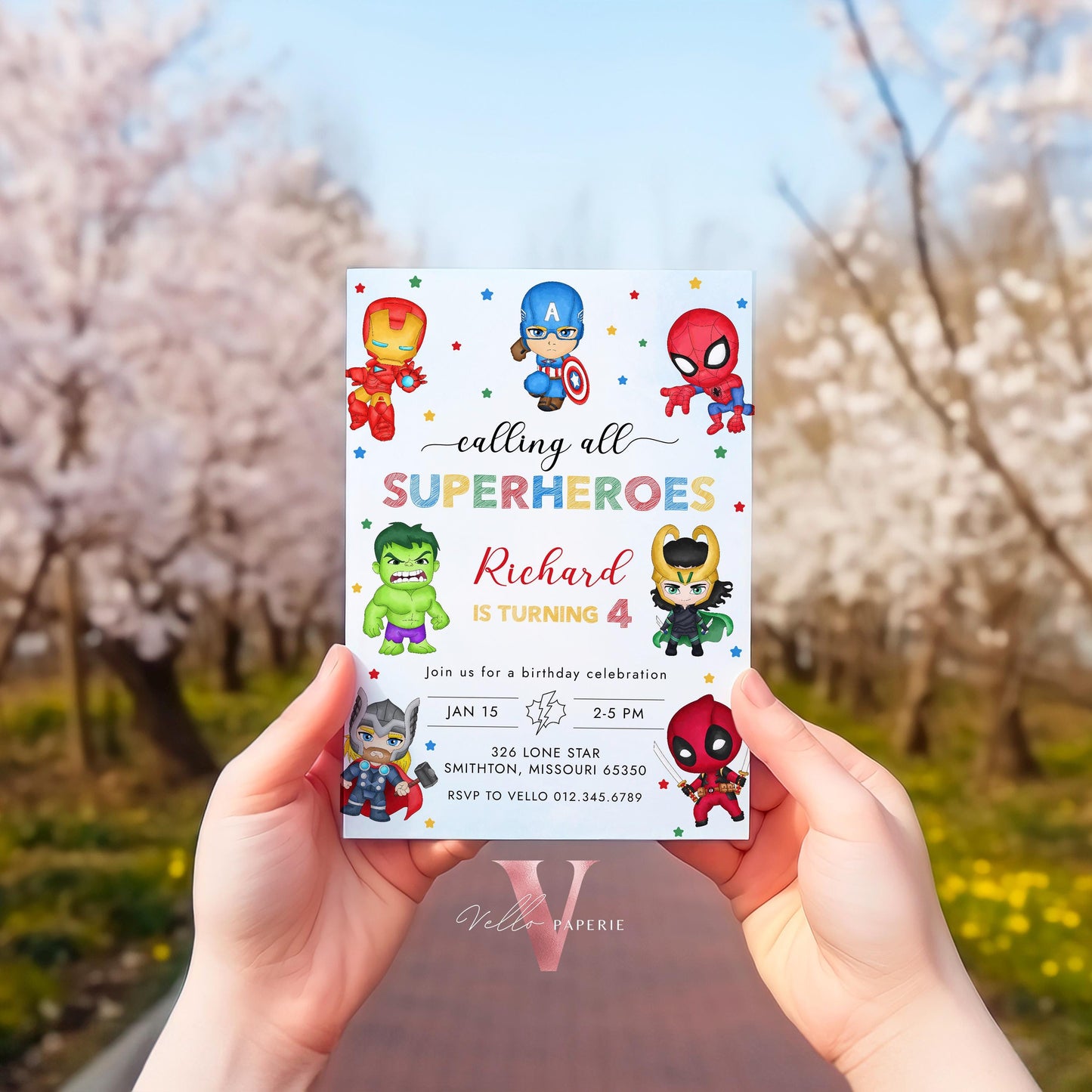 Calling All Superhero Birthday Invitation | Watercolor Avengers Kids Colorful Birthday Party Invite | Any Age Cute Chibi Superhero SHB01