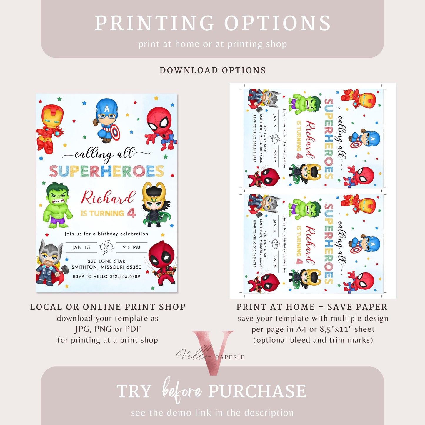 Calling All Superhero Birthday Invitation | Watercolor Avengers Kids Colorful Birthday Party Invite | Any Age Cute Chibi Superhero SHB01