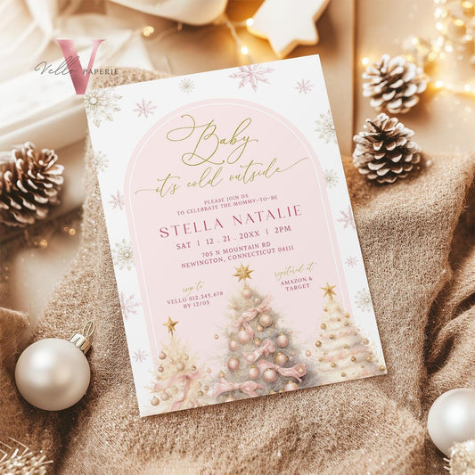 BUNDLE Blush Pink Baby It's Cold Outside Shower Invitation | Winter Snowflakes Baby Invite | Modern Pink Christmas Tree Baby Shower WBS01