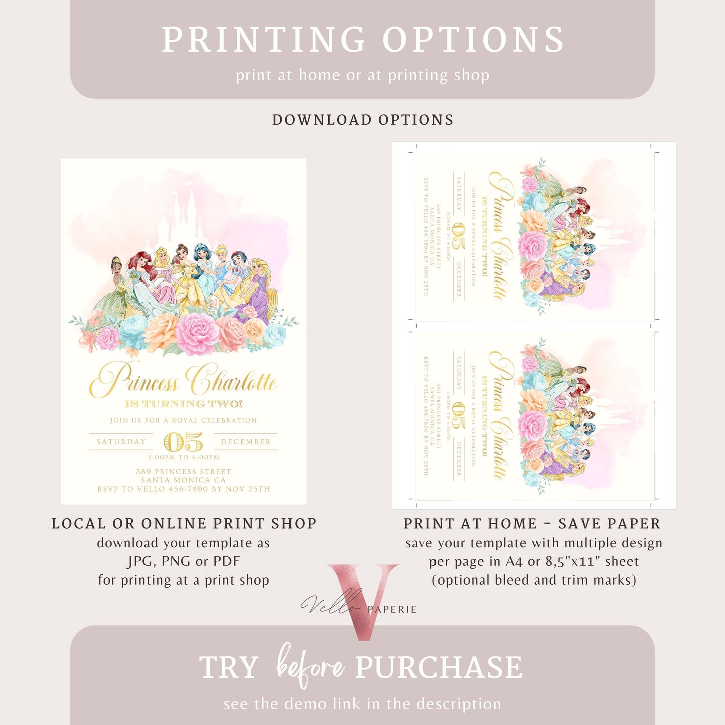 Editable Full Princess Royal Birthday Invitation | Once Upon a Time Birthday Party Girl | Beige Gold Princess Watercolor Invite  PB01