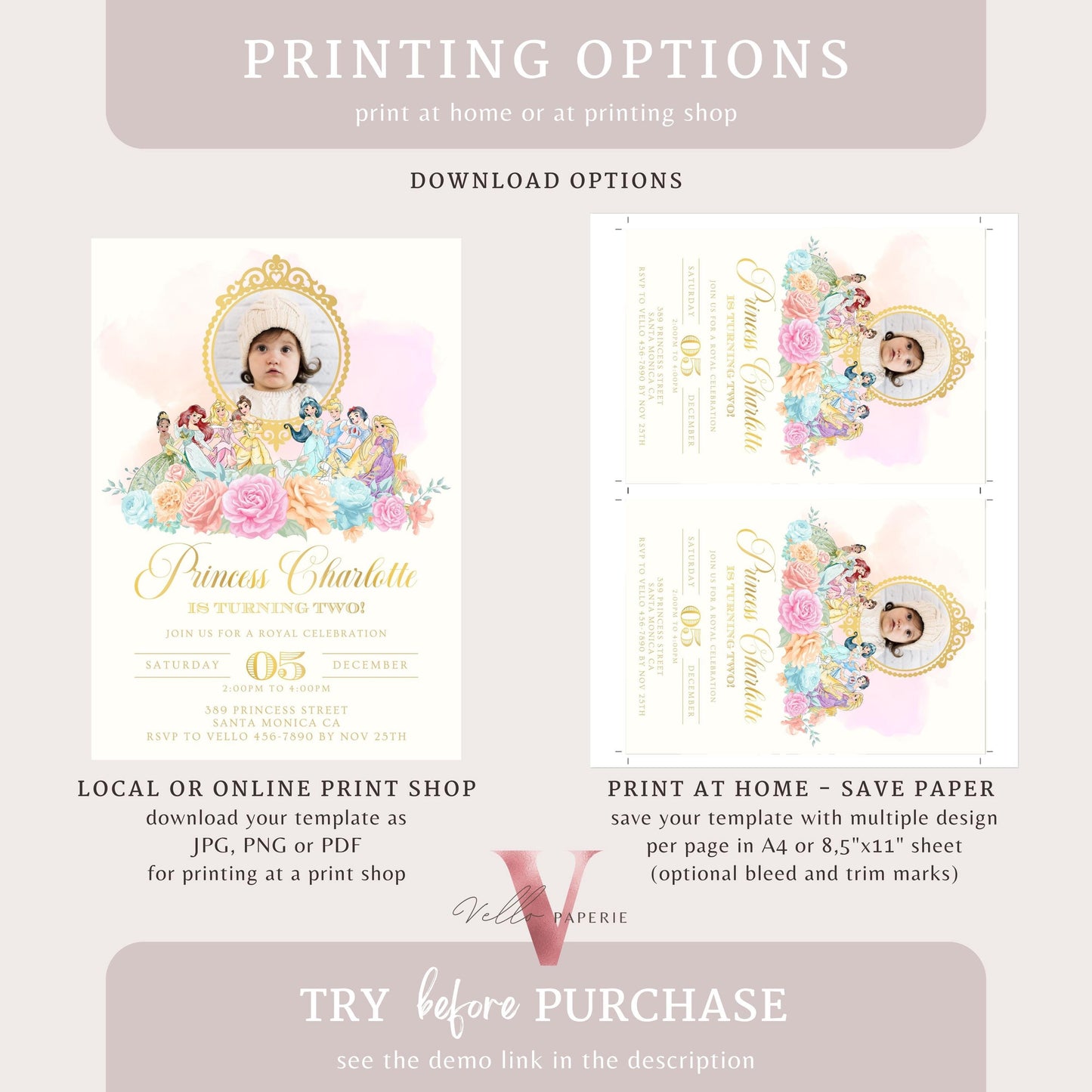 Editable Photo Princess Royal Birthday Invitation | Once Upon a Time Birthday Party Girl | Beige Gold Princess Watercolor Invite PB01