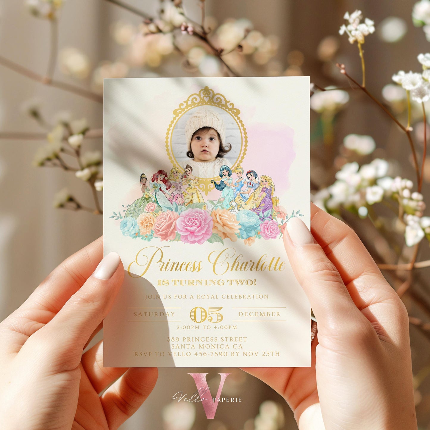 Editable Photo Princess Royal Birthday Invitation | Once Upon a Time Birthday Party Girl | Beige Gold Princess Watercolor Invite PB01