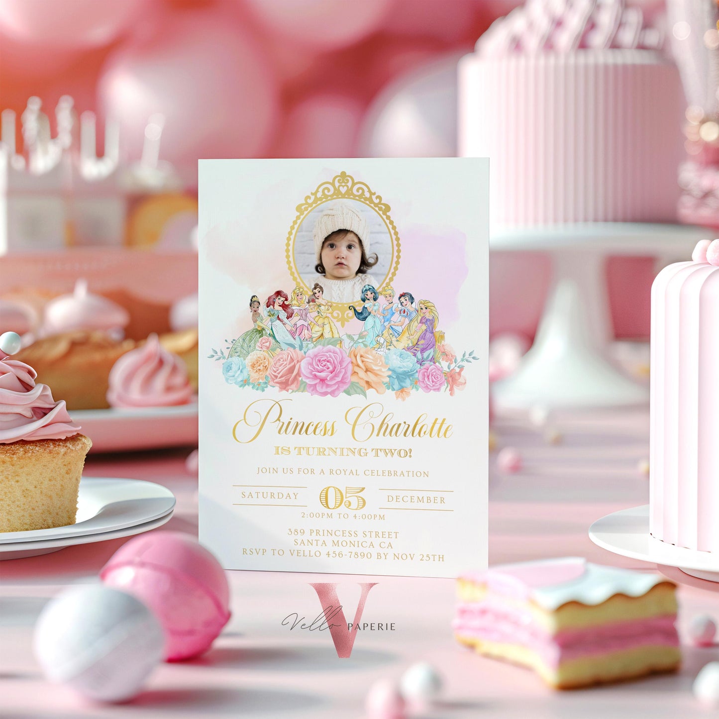 Editable Photo Princess Royal Birthday Invitation | Once Upon a Time Birthday Party Girl | Beige Gold Princess Watercolor Invite PB01