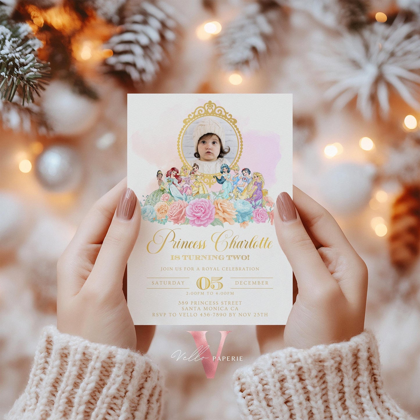 Editable Photo Princess Royal Birthday Invitation | Once Upon a Time Birthday Party Girl | Beige Gold Princess Watercolor Invite PB01