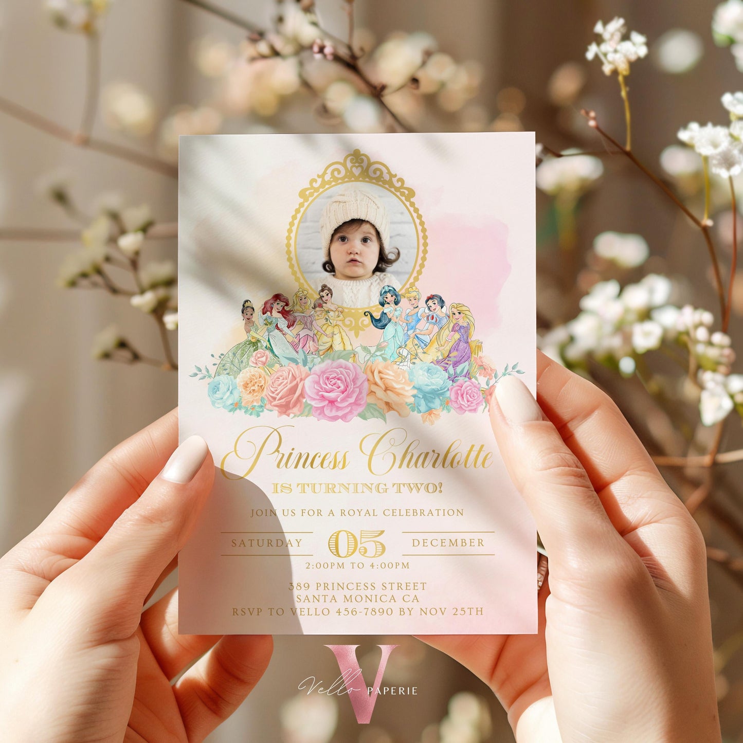 Editable Photo Princess Royal Birthday Invitation | Once Upon a Time Birthday Party Girl | Blush Pink Gold Princess Watercolor Invite PB01