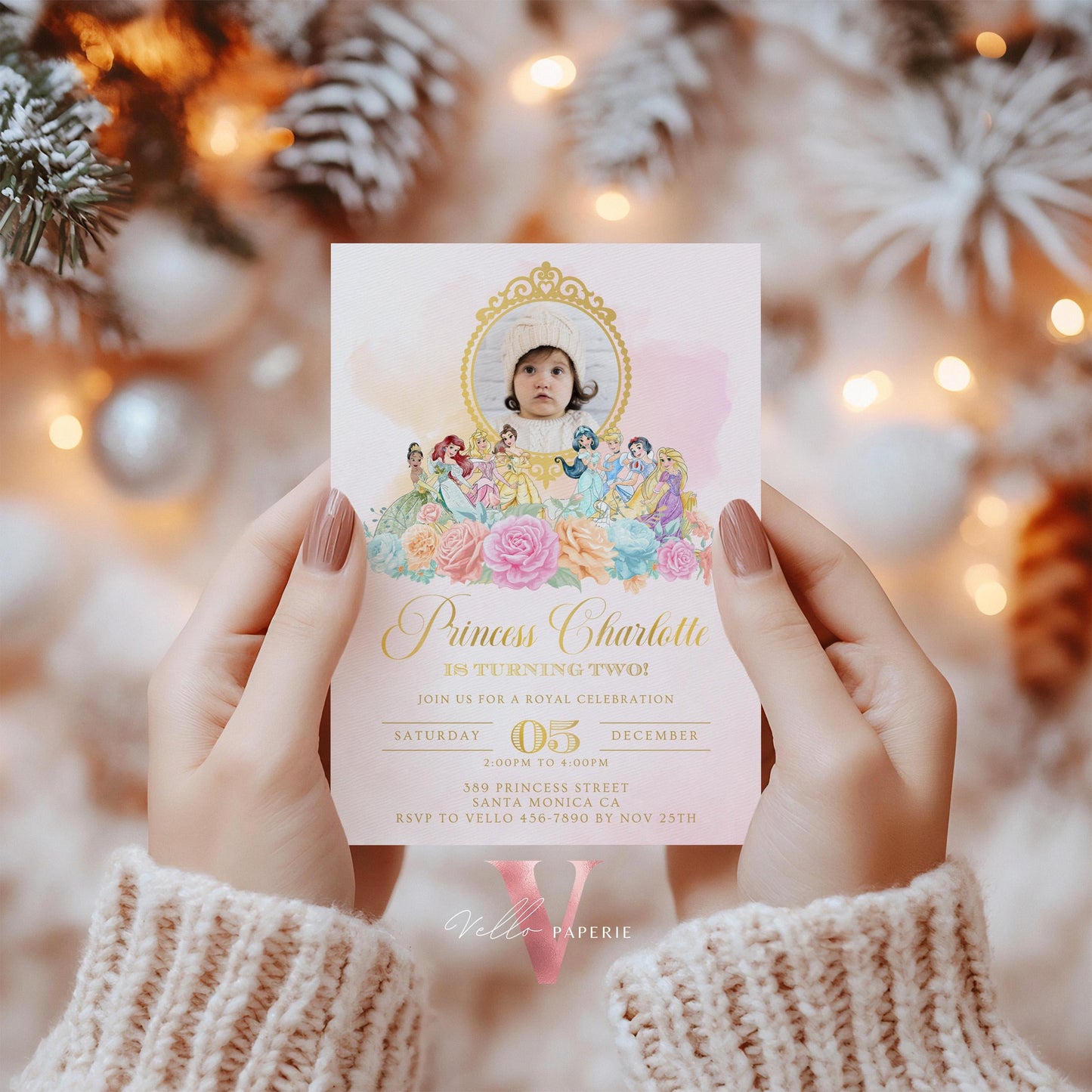 Editable Photo Princess Royal Birthday Invitation | Once Upon a Time Birthday Party Girl | Blush Pink Gold Princess Watercolor Invite PB01