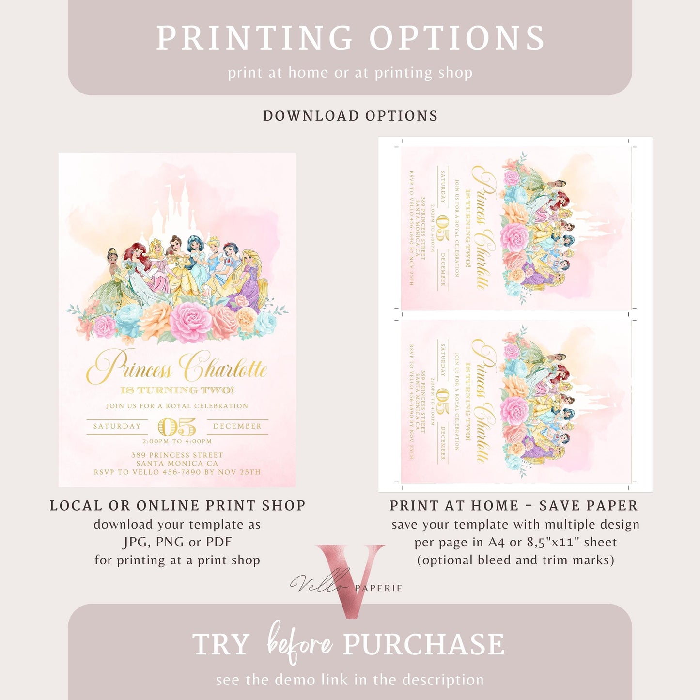 Editable Full Princess Royal Birthday Invitation | Once Upon a Time Birthday Party Girl | Blush Pink Gold Princess Watercolor Invite  PB01