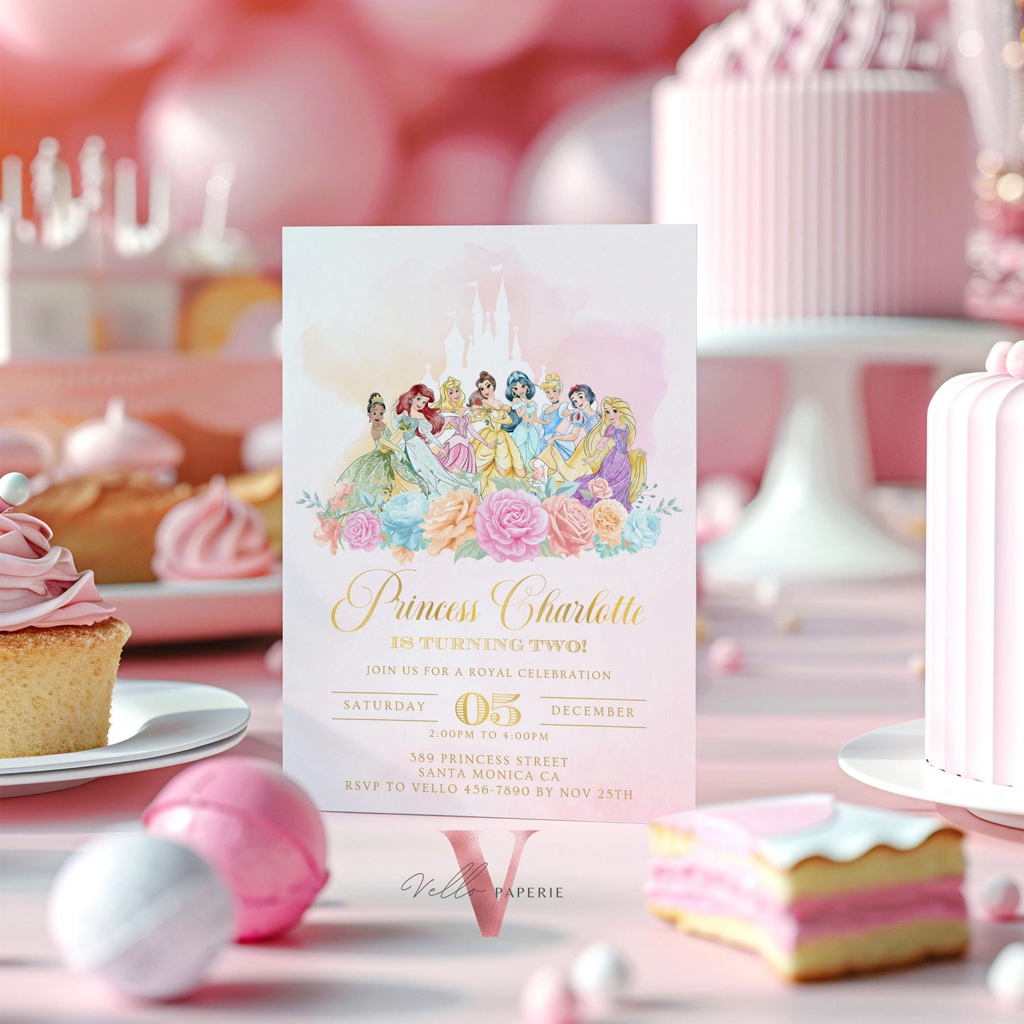 Editable Full Princess Royal Birthday Invitation | Once Upon a Time Birthday Party Girl | Blush Pink Gold Princess Watercolor Invite  PB01