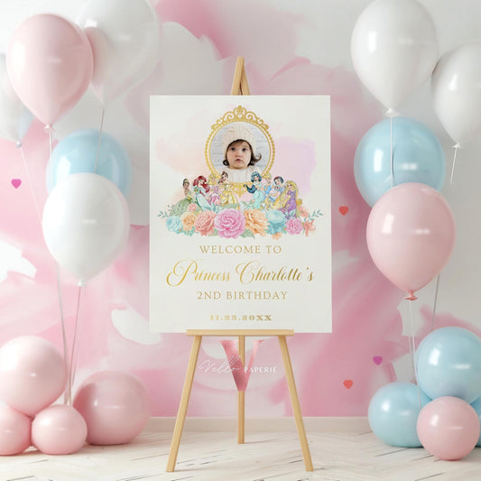 Editable Printable Photo Princess Birthday Welcome Sign | Once Upon a Time Birthday Party Decor Sign | Beige Gold Princess Watercolor 01