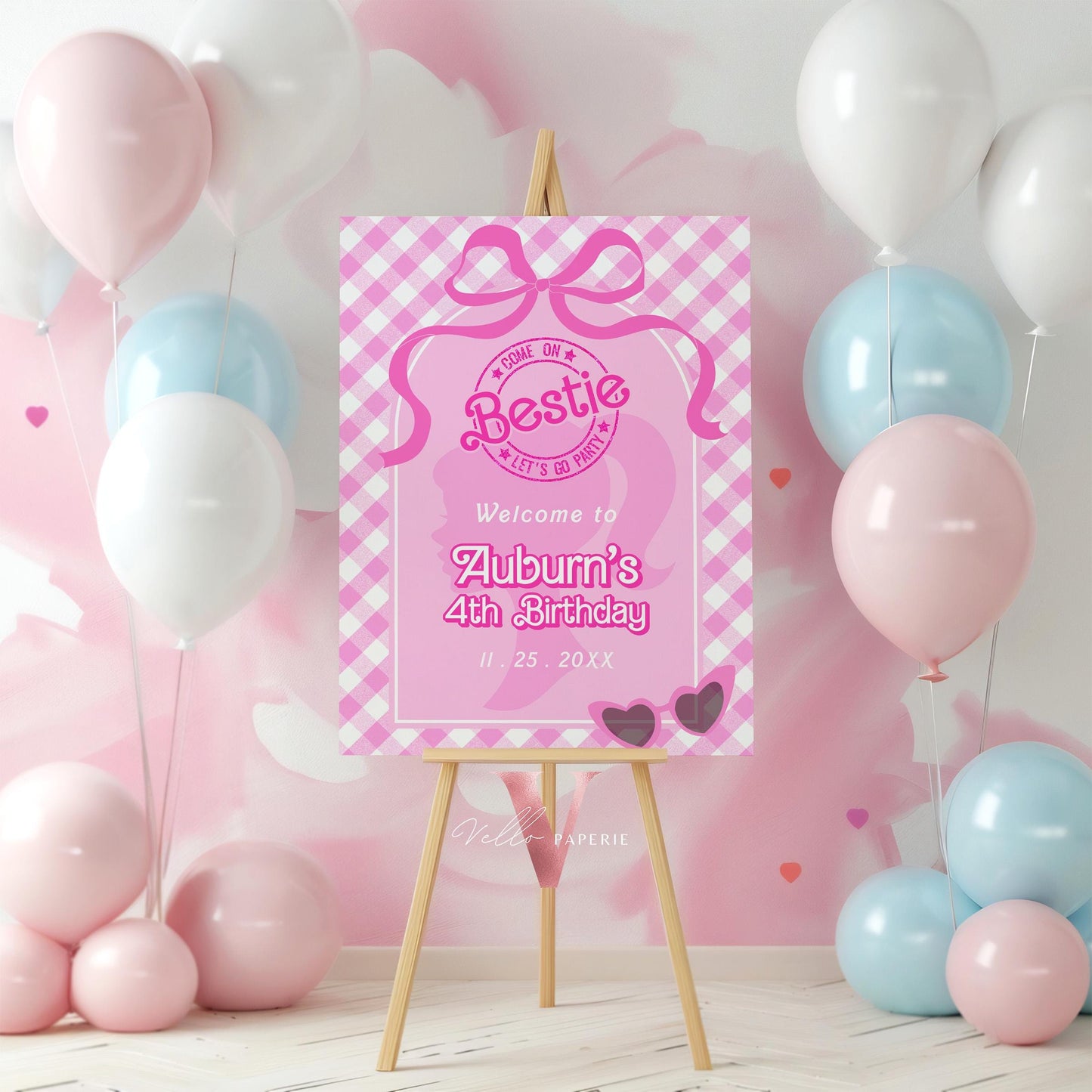 Editable "Bestie" Glam Pink Fashion Doll Birthday Welcome Sign | Cute Fashion Party Decor | Pink Doll Gingham Come On Lets Go Party PD28