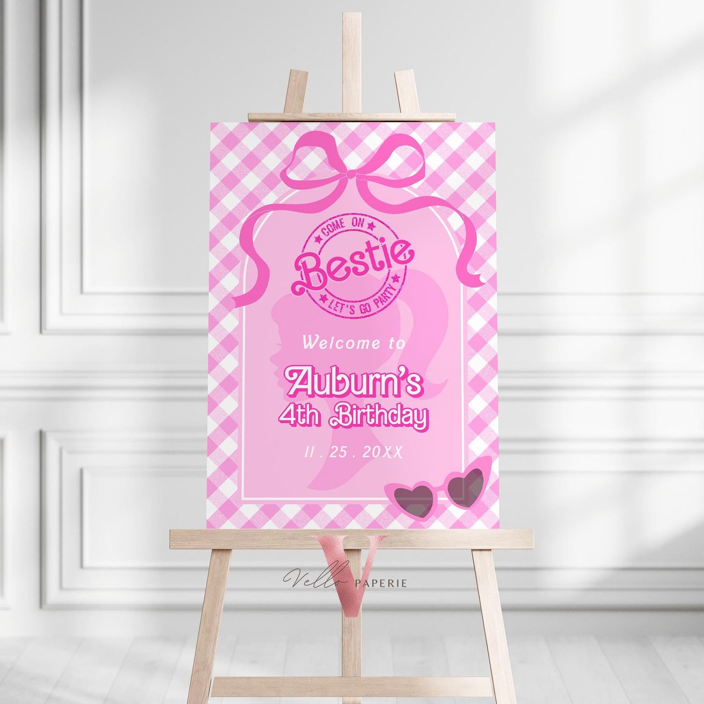 Editable "Bestie" Glam Pink Fashion Doll Birthday Welcome Sign | Cute Fashion Party Decor | Pink Doll Gingham Come On Lets Go Party PD28