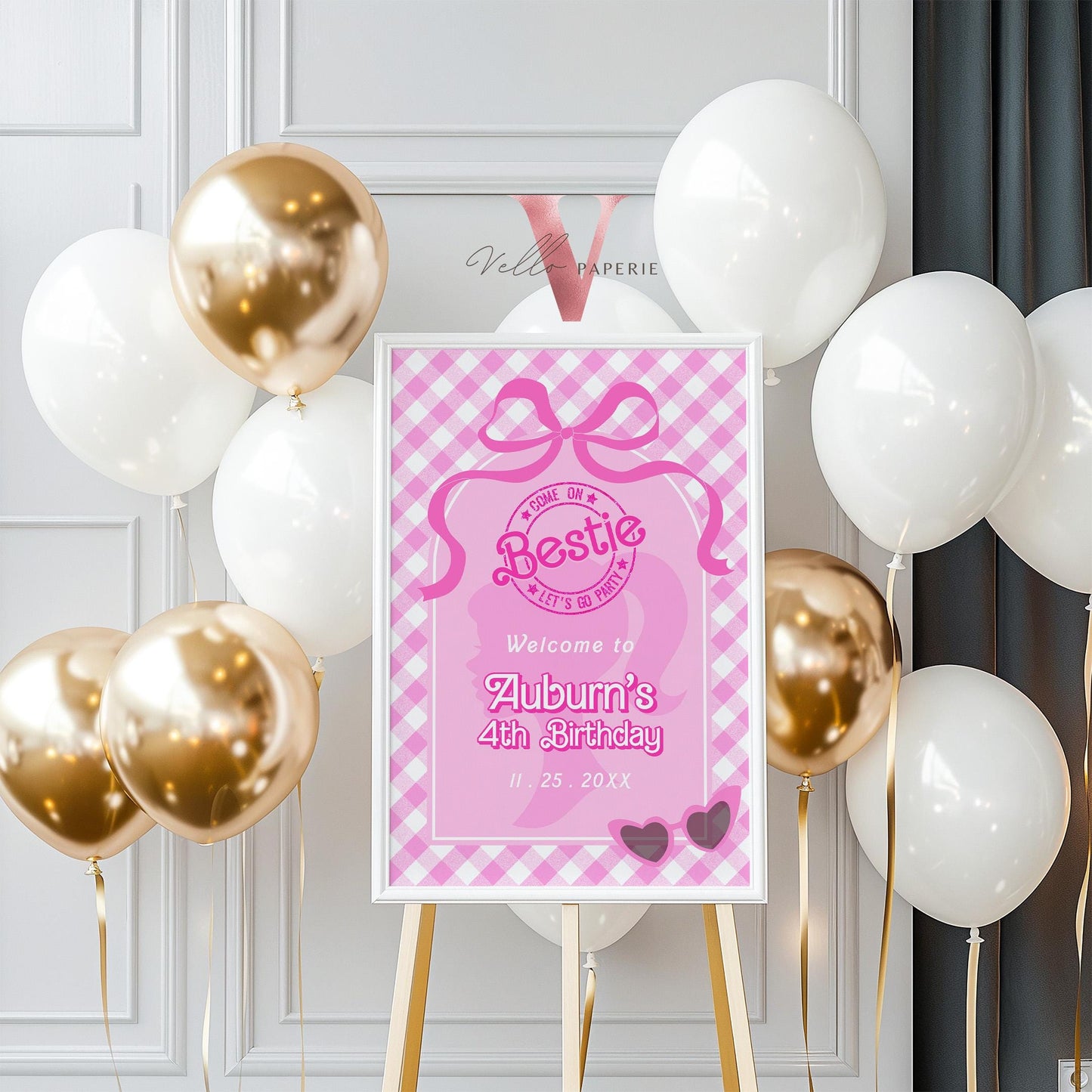 Editable "Bestie" Glam Pink Fashion Doll Birthday Welcome Sign | Cute Fashion Party Decor | Pink Doll Gingham Come On Lets Go Party PD28