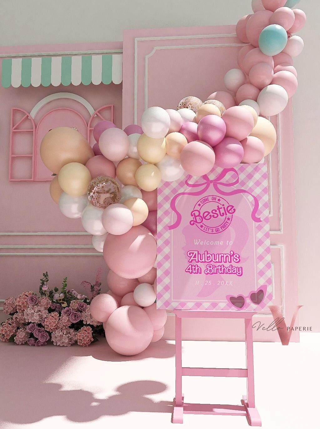 Editable "Bestie" Glam Pink Fashion Doll Birthday Welcome Sign | Cute Fashion Party Decor | Pink Doll Gingham Come On Lets Go Party PD28