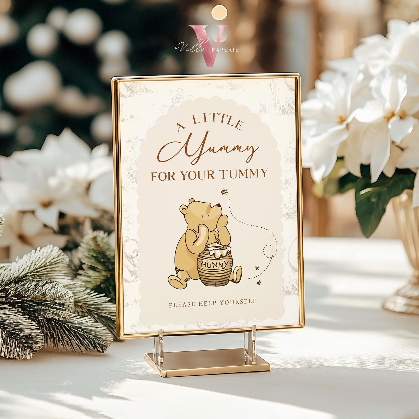 Editable Classic Winnie the Pooh Baby Shower or Birthday Premade Sign | Printable Beige Toile de Juoy, Little Hunny Decor Table Sign WTP01