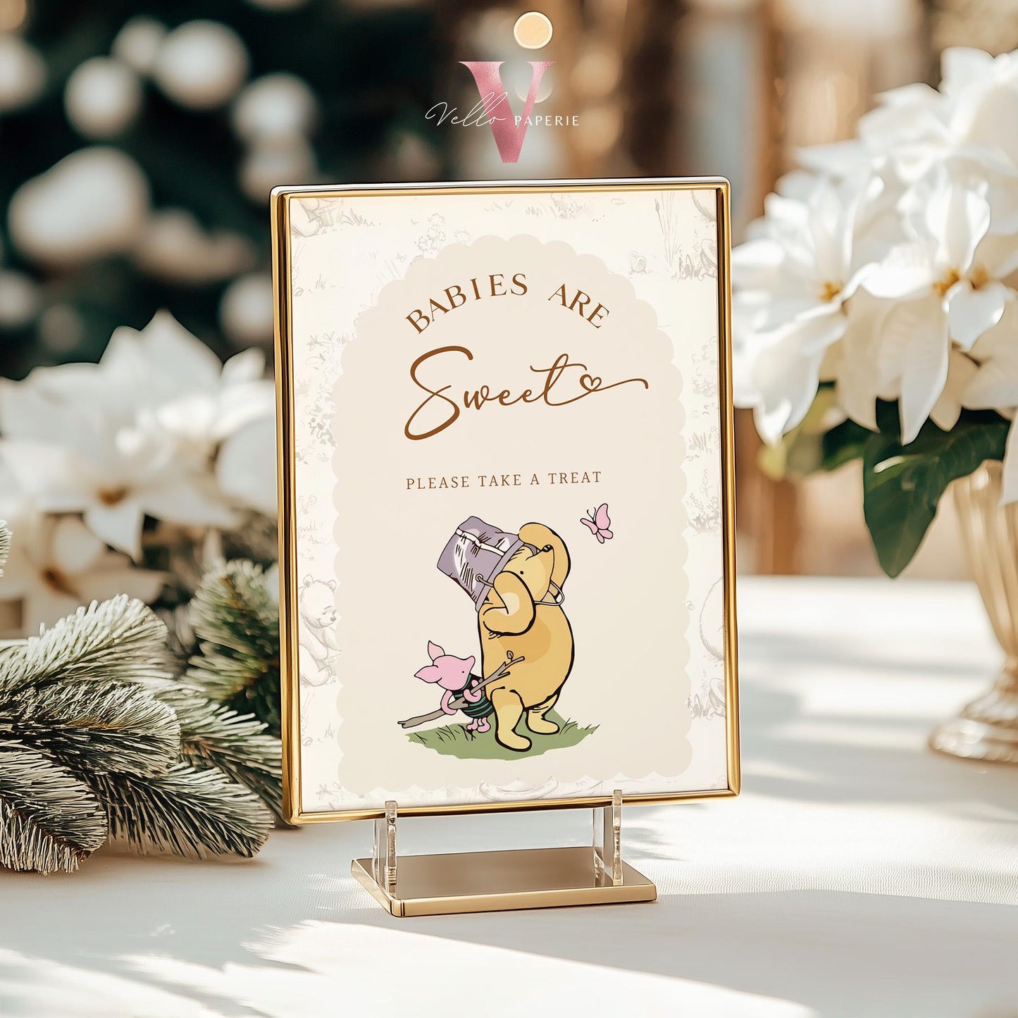 Editable Classic Winnie the Pooh Baby Shower or Birthday Premade Sign | Printable Beige Toile de Juoy, Little Hunny Decor Table Sign WTP01