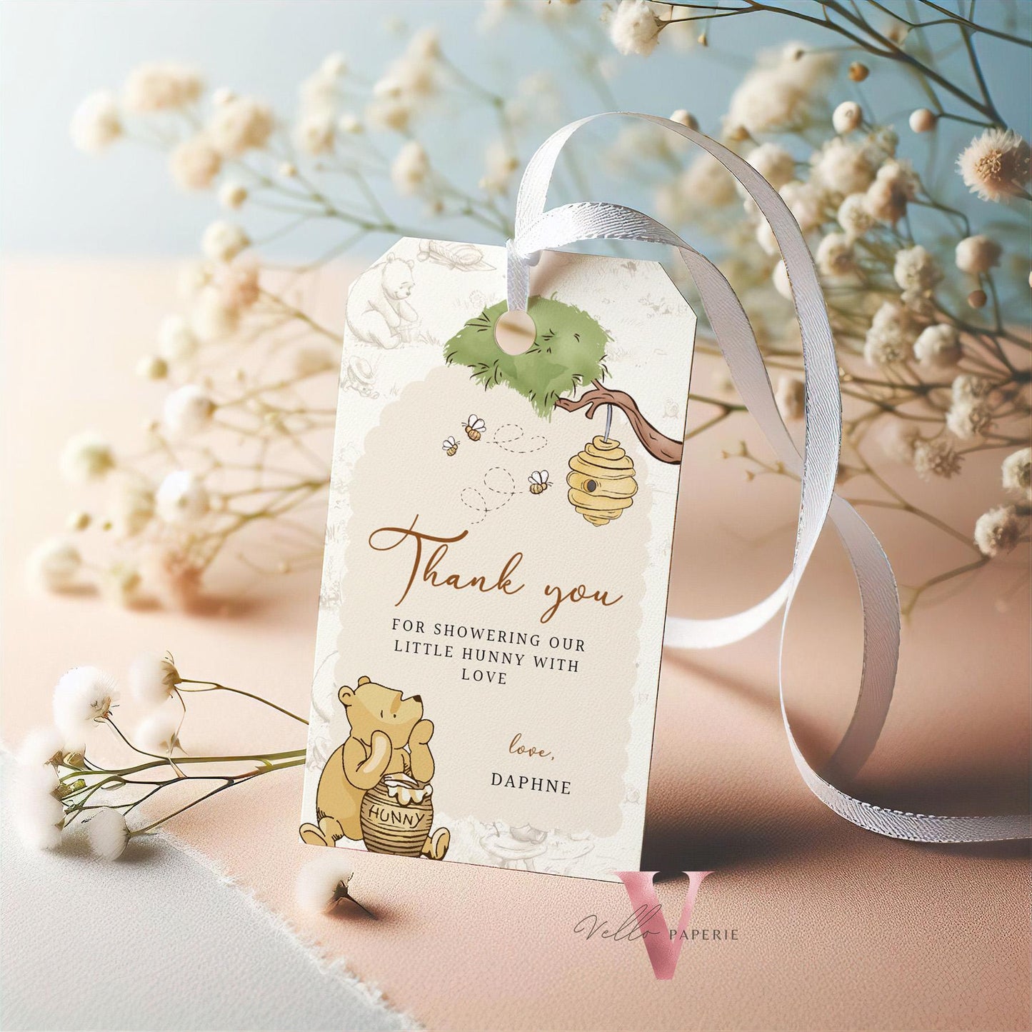 Editable 3designs Classic Winnie the Pooh Baby Shower or Birthday Favor Tag | Printable Beige Toile de Juoy, Little Hunny Gift Tag WTP01