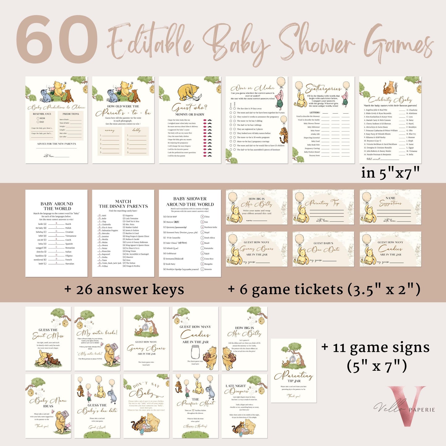 Editable Classic Winnie the Pooh Baby Shower Games & Activities Bundle Ticket Sign | Printable Little Hunny Pooh Baby Shower Games Set WTP01