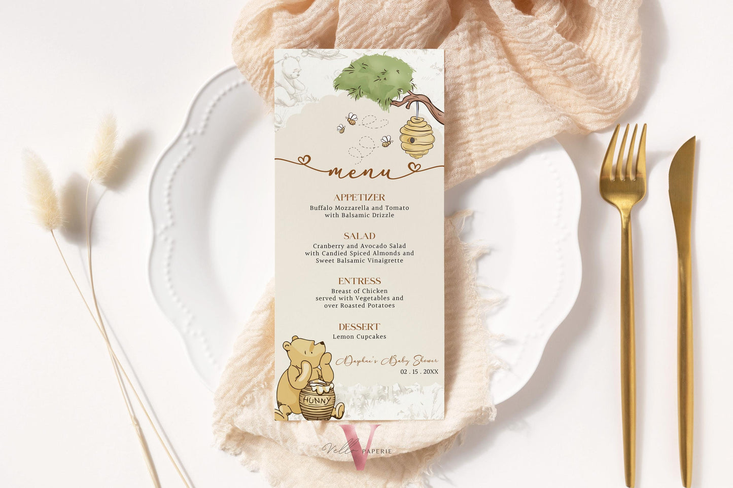 Classic Winnie the Pooh Baby Shower or Birthday Menu Design | Editable Printable Beige Toile de Juoy, Little Hunny Party Favors, Decor WTP01