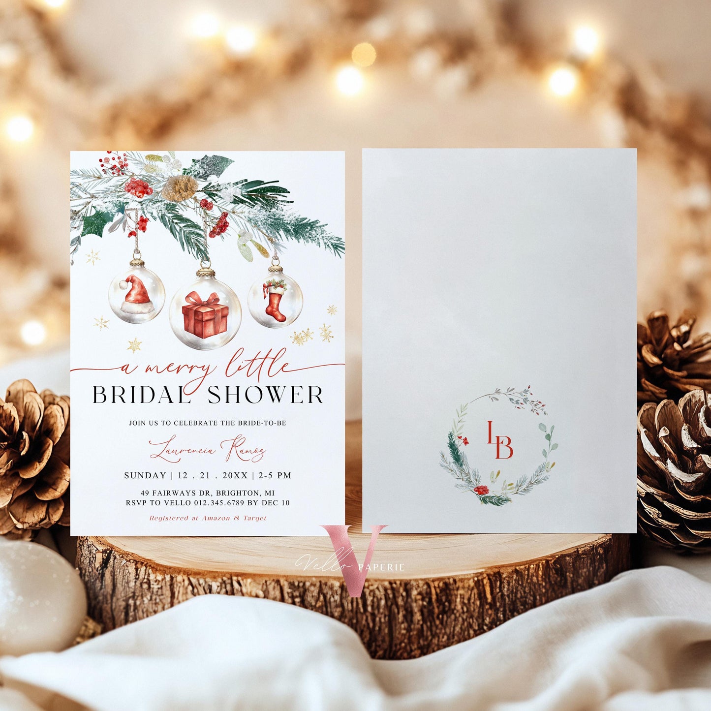 A Merry Little Bridal Shower Invitation | Winter Snow Neutral Bride to Be Invite | Modern Red Santa, Silver Christmas Tree Ball Glass WBD01