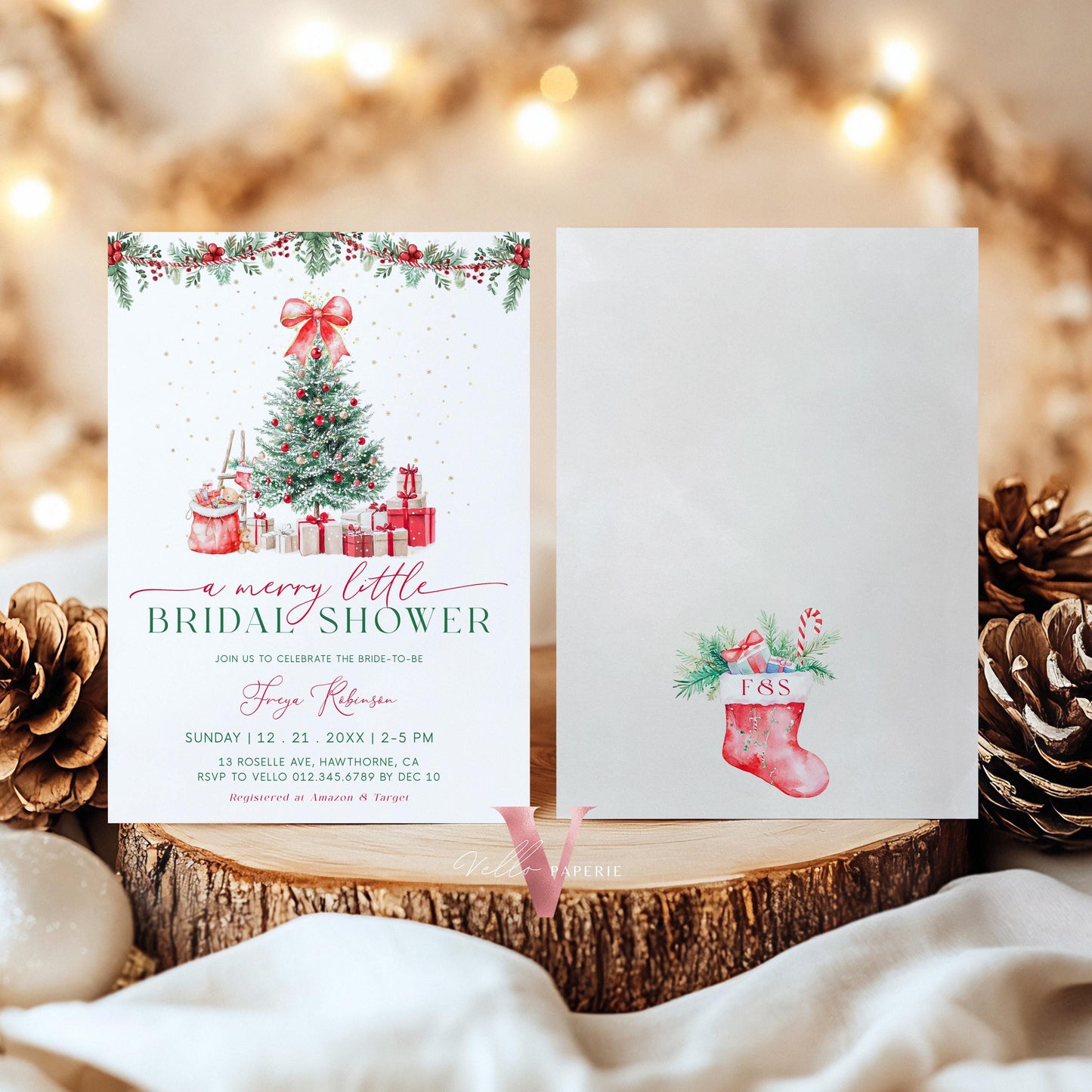 A Merry Little Bridal Shower Invitation | Winter Snow Neutral Bride to Be Invite | Modern Red Green Christmas Shower Decor WBD01