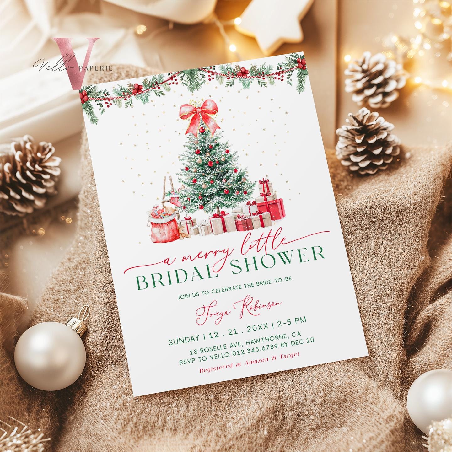 A Merry Little Bridal Shower Invitation | Winter Snow Neutral Bride to Be Invite | Modern Red Green Christmas Shower Decor WBD01