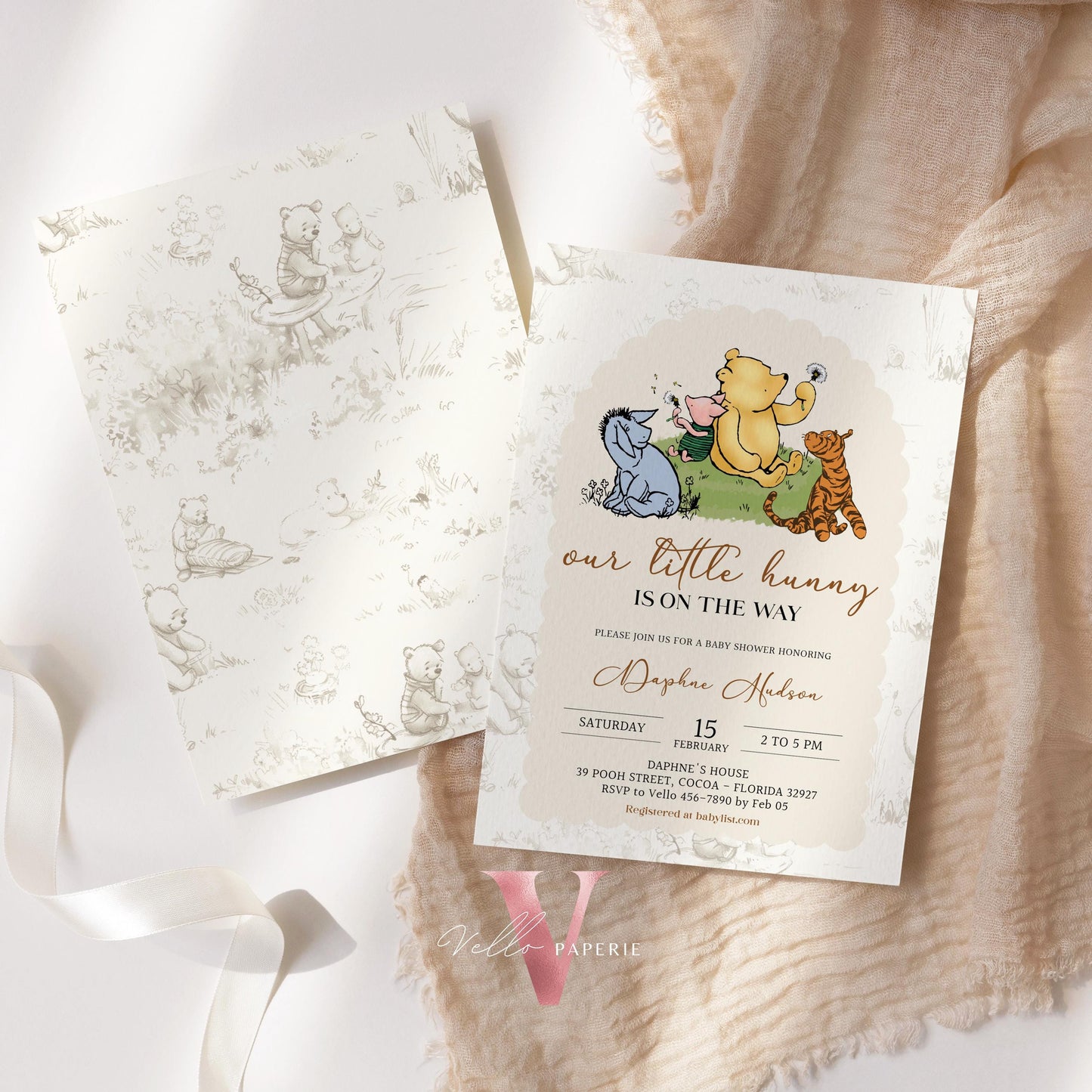 Winnie the Pooh Baby Shower Invitation Bundle | Editable Printable Beige Toile de Juoy, Little Hunny Pooh Baby Shower Party Invite WTP01