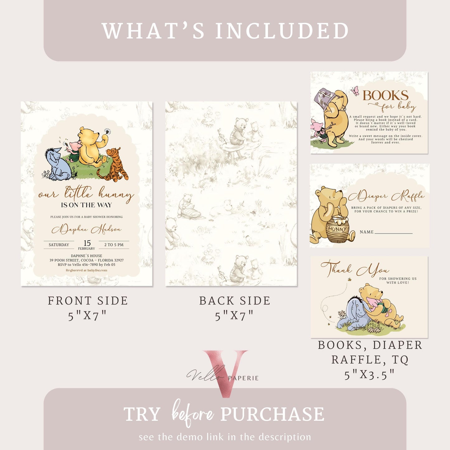 Winnie the Pooh Baby Shower Invitation Bundle | Editable Printable Beige Toile de Juoy, Little Hunny Pooh Baby Shower Party Invite WTP01